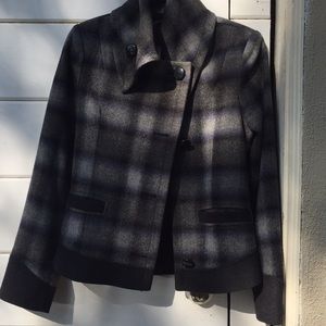 Guess plaid coat in greys and blue tones